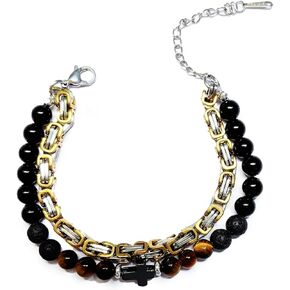 2Pcs Men's Bracelet Set - Byzantine Stainless Steel Chain & Natural Stone Cross Bracelet, Tiger Eye Black Obsidian Hematite Beads, Christian Religious Jewelry Gift for Him, Father's Day Birthday in Saudi Arabia