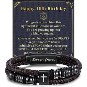 16th 18th 21st 30th 40th 50th 60th Birthday Gifts for Men - Leather Cross Bracelets for Men Adjustable Double-Row Braided Leather Bracelet Faith Religious Christian Easter Happy Birthday Jewelry Gift in Kuwait