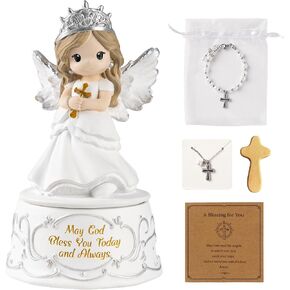 First Communion Gifts for Girls – Baptism & Confirmation Gifts for Teen Girls, Angel Figurine with Keepsake Box, Cross Necklace for Girls & Adjustable Bracelet & Wood Cross in Kuwait
