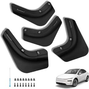 واقيات رذاذ الطين المحسنة لعام 2025-2026 من طراز Tesla Model Y Juniper No-Drill Fit، حماية من جميع الأحوال الجوية للطلاء والجسم باللون الأسود، مجموعة من 4 in Kuwait