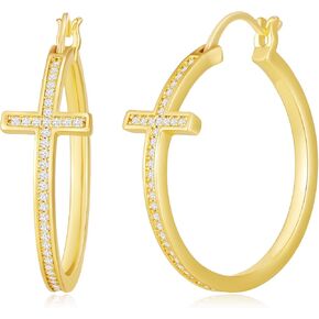 18K Gold Plated Cross Hoop Earrings for Women, Sparkly Cubic Zirconia CZ Large Chunky 30mm Gold Hoops, Religious Faith Jewelry Gifts in Kuwait
