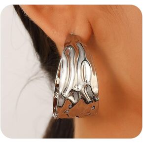 Hammered Hoop Earrings for Women,Plated Gold Chunky Statement Earrings,Hammering Wide Big Earrings Aesthetic Jewelry in Kuwait