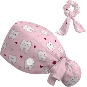 Scrub Caps Women Ponytail, Adjustable Surgical Caps with Buttons and Sweatband, Bouffant Hat with Hair Scrunchy, Nurse Hat, Working Cap, Teeth Print Pink Cute Cartoon Hearts Lovely Funny for Dentisit in Saudi Arabia