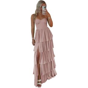 Lawrncedw Strapless Ruffles Prom Dress Tiered Bridesmaid Dresses Sweetheart Chiffon Long Formal Evening Gown with Slit in Saudi Arabia