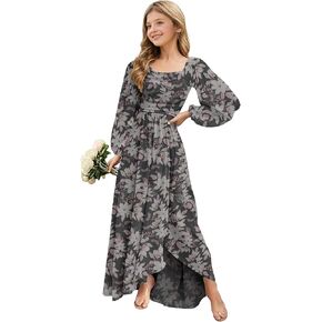 Spring Floral Chiffon Junior Bridesmaid Dresses Long Sleeve Wedding Guest Dress High-Low Holiday Dresses for Girls in Saudi Arabia
