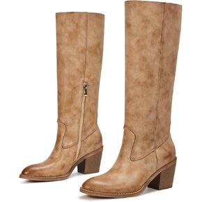 wetkiss Women's Knee High Cowboy Boots - Western Cowgirl Boots with Almond Toe, Comfortable Ultra-Thin PU Leather, Chunky Heel, Pull On Tall Boots in Kuwait