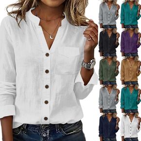 Women's Cotton Linen Shirt Long Sleeve Button Down v Neck Tees Summer Trendy Loose Tops Business Work Outfits 2026 in Saudi Arabia