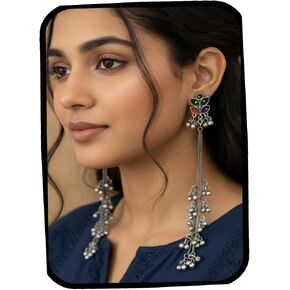 Kashmiri Afghani Indian Earrings for Women Silver Oxidised Boho Statement Long Dangle Jhumka Jhumki Earrings Jewelry in Kuwait