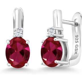 أقراط جيم ستون كينج 4.09 قيراط باللون الأحمر من الياقوت والزركونيا الأبيض للنساء | 925 فضة استرلينية | الأحجار الكريمة جوهرة يوليو | بيضاوي 9 × 7 مم in Kuwait