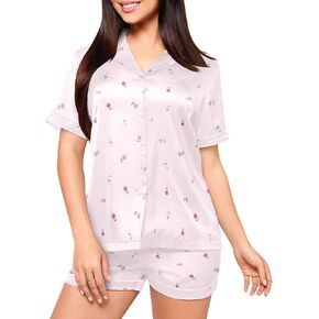 طقم بيجامة من الساتان للنساء، طقم بيجامة نسائي صيفي وردي على شكل زهرة وسروال قصير مكون من قطعتين طقم بيجامة للنساء مقاس S-XXL in Kuwait