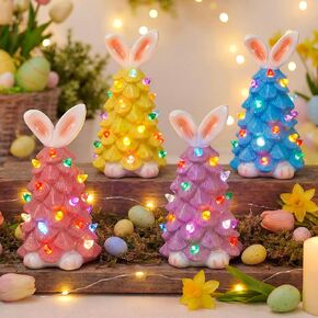 4 Pack Ceramic Easter Bunny Tree Tabletop Decorations, Pre-lit Hand-Painted Rabbit Multi-Color LED Lights Resin Tree Figurine Battery Operated for Holiday Table Decor in Kuwait
