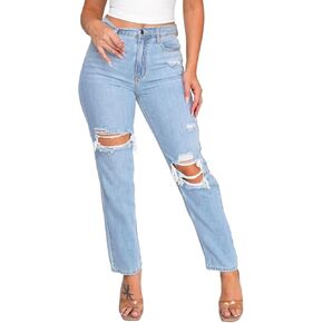 بنطلون جينز ZonJie للنساء عالي الخصر وواسع الساق وحاشية خام ممزقة وساق مستقيمة وقابلة للتمدد من قماش الدنيم in Kuwait