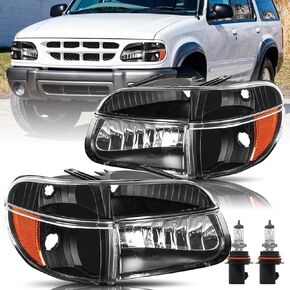 مجموعة المصابيح الأمامية BRYGHT مناسبة لـ 95 إلى 01 Ford Explorer / 97 Mercury Mountaineer مع مصابيح زاوية 4 قطع جانب الركاب والسائق (مبيت أسود مع عاكس كهرماني) in Kuwait