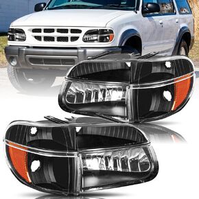 BRYGHT Headlight Assembly Fit for 95 to 01 Ford Explorer / 97 Mercury Mountaineer with Corner Lights 4pcs Passenger and Driver Side (Black Housing with Amber Reflector) in Saudi Arabia