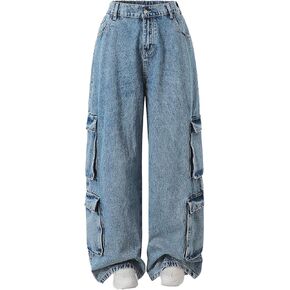 Plus Szie بنطال كارجو نسائي، دينم، ساق واسعة، قصة مستقيمة، تصميم متعدد الجيوب، طراز كاجوال للشارع in Kuwait