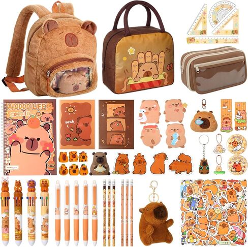 Nosiny 100 Pcs Capybara Gifts with Capybara Backpack Stationery Set Animal Theme Party Supplie Kawaii Pencil Case Pens Pencils Sticky Notes Notebooks Ruler Bookmark Keychain Brooch for Birthday Gift in Saudi Arabia