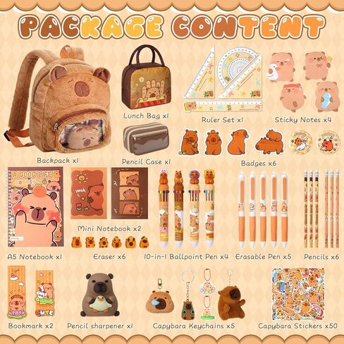 Nosiny 100 Pcs Capybara Gifts with Capybara Backpack Stationery Set Animal Theme Party Supplie Kawaii Pencil Case Pens Pencils Sticky Notes Notebooks Ruler Bookmark Keychain Brooch for Birthday Gift in Saudi Arabia