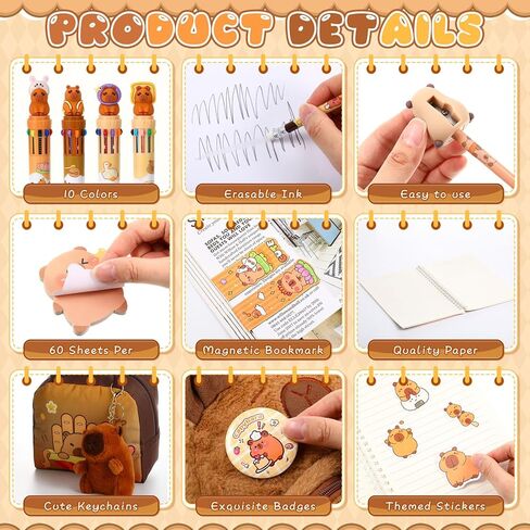 Nosiny 100 Pcs Capybara Gifts with Capybara Backpack Stationery Set Animal Theme Party Supplie Kawaii Pencil Case Pens Pencils Sticky Notes Notebooks Ruler Bookmark Keychain Brooch for Birthday Gift in Saudi Arabia