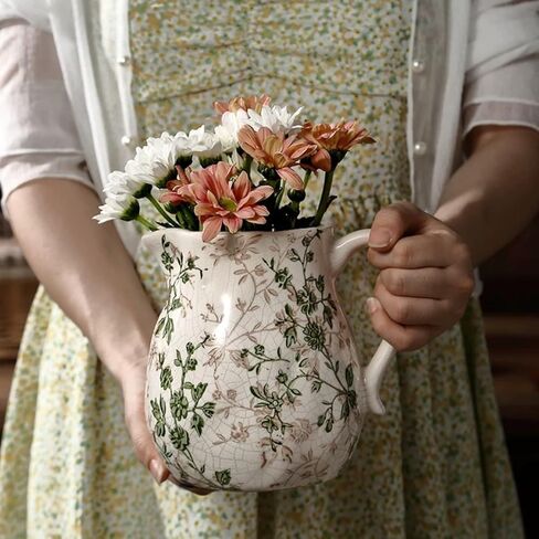 Ceramic Pitcher Vase, Green and Beige Vintage Vase with Handle, Farmhouse Pitcher for Home Decor, Table Centerpiece, Weddings, Kitchen, Living Room in Saudi Arabia