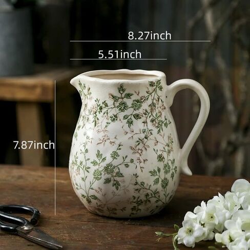 Ceramic Pitcher Vase, Green and Beige Vintage Vase with Handle, Farmhouse Pitcher for Home Decor, Table Centerpiece, Weddings, Kitchen, Living Room in Saudi Arabia