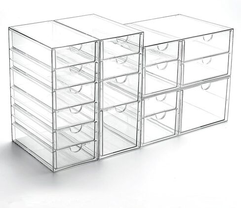 Prsildan Acrylic Drawer Organizer with 17 Drawers, Craft Office Desk Makeup Organizers Accessories, Set of 4 Clear Stackable Storage Drawers for Vanity, Countertop, Jewelry, Art Supply Organization in Saudi Arabia