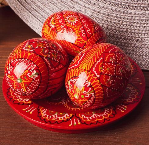 LOVARE Red Vintage 2.0'' Hand Painted Wooden Ukrainian Easter Egg Ornaments (Pysanky) - Set of 3 Mini Chicken Eggs on Plates by QG Group in Saudi Arabia