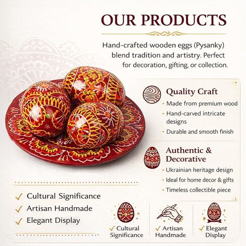 LOVARE Red Vintage 2.0'' Hand Painted Wooden Ukrainian Easter Egg Ornaments (Pysanky) - Set of 3 Mini Chicken Eggs on Plates by QG Group in Saudi Arabia