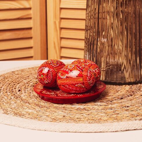 LOVARE Red Vintage 2.0'' Hand Painted Wooden Ukrainian Easter Egg Ornaments (Pysanky) - Set of 3 Mini Chicken Eggs on Plates by QG Group in Saudi Arabia