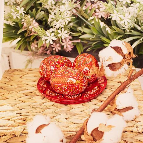 LOVARE Red Vintage 2.0'' Hand Painted Wooden Ukrainian Easter Egg Ornaments (Pysanky) - Set of 3 Mini Chicken Eggs on Plates by QG Group in Saudi Arabia
