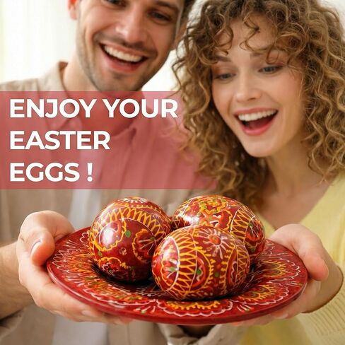 LOVARE Red Vintage 2.0'' Hand Painted Wooden Ukrainian Easter Egg Ornaments (Pysanky) - Set of 3 Mini Chicken Eggs on Plates by QG Group in Saudi Arabia