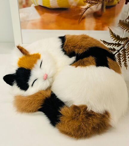 Realistic Furry Sleeping Cat Figurines,Fake Kitten, Animal Figurines Pet Replica Tabletop Shelf Decor Photo Props Collectible (Yellow) in Saudi Arabia