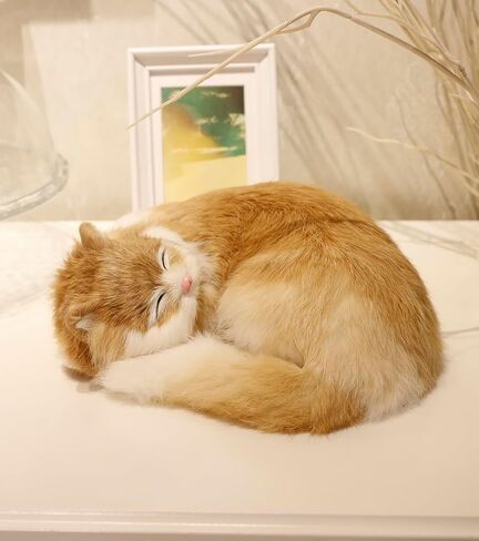 Realistic Furry Sleeping Cat Figurines,Fake Kitten, Animal Figurines Pet Replica Tabletop Shelf Decor Photo Props Collectible (Yellow) in Saudi Arabia