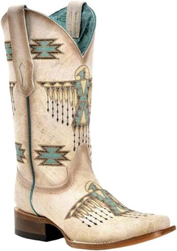 Corral Boots Women's White Handcrafted Western Boots | Square Toe Cowboy Boots with Woven Eagle Embroidery Design in Saudi Arabia
