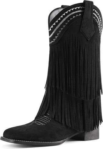 Cowboy Boots for Women Fringe Mid Calf Boots Low Chunky Block Heel Square Toe Pull On Cowgirl Western Boots in Saudi Arabia