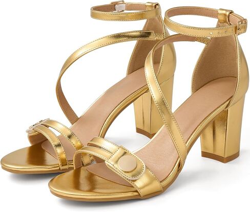 Ecetana Women's Chunky Heel Sandals Open Toe Block Ankle Strap Buckle Comfortable Dressy Shoes for Wedding Party in Kuwait