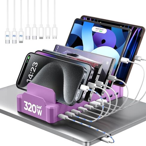 10-Port USB C Charging Station for Multiple Devices, Fast Charger Stations for iPhone, Android, iPad, Tablet, Multi-Device Organizer Charging Dock, Black in Saudi Arabia