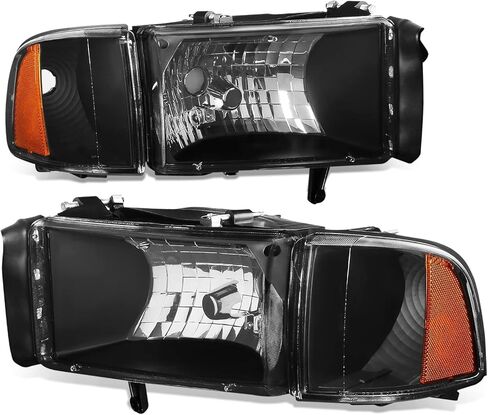 مجموعة مصابيح أمامية على طراز المصنع مكونة من 4 قطع من Auto Dynasty ومصباح زاوية متوافق مع دودج رام 1500 2500 3500 (موديلات غير رياضية) 94-02، جانب السائق والراكب، غطاء كروم زاوية شفافة in Kuwait