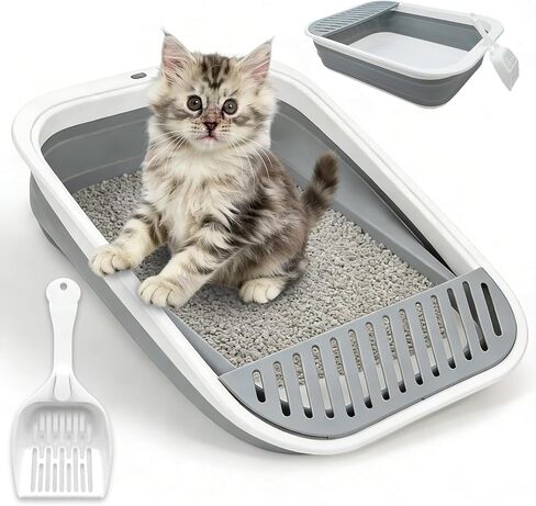BNOSDM Collapsible Small Cat Litter Box for Kittens Open Potty Pan Foldable Cat Toilet with Scoop Senior Kitty Travel Shallow Litters Boxes Anti-Splash Waterproof Grey 17.7"×13.4" in Kuwait