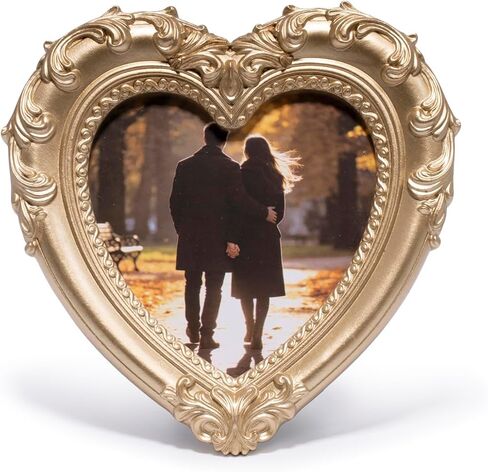 ZAWUU Heart Shaped Photo Frame — Vintage Ornate Gold Resin 4×4 Decorative Tabletop Picture Frame with Acrylic Cover — Romantic Gift for Valentine’s Day, Wedding, Anniversary, Mother’s Day & Birthday in Saudi Arabia