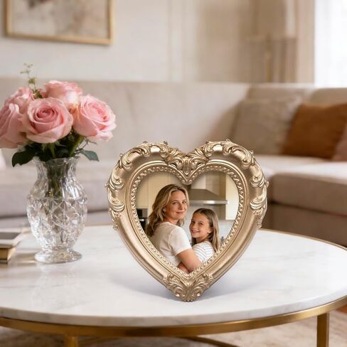 ZAWUU Heart Shaped Photo Frame — Vintage Ornate Gold Resin 4×4 Decorative Tabletop Picture Frame with Acrylic Cover — Romantic Gift for Valentine’s Day, Wedding, Anniversary, Mother’s Day & Birthday in Saudi Arabia