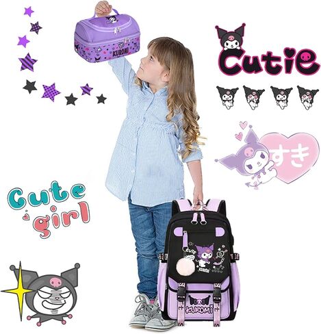 Roffatide Anime Kuromi Print Business Casual Laptop Backpack Lunch Bag Shoulders Travel Hiking Daypacks Rucksack 17 Inch D, LYB15804 in Kuwait