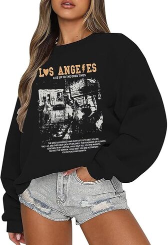 سويت شيرت حريمي برقبة دائرية، بلوفر لوس أنجلوس فينتاج جرافيك، بأكمام طويلة، سويت شيرت كاجوال مطبوع عليه حروف in Kuwait