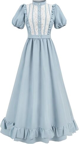فستان فيكتوري أزرق من NSPSTT زي عصر النهضة 1800 للنساء بأكمام قصيرة مكون من قطعتين فساتين حفلات كلاسيكية in Kuwait