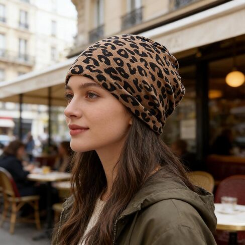Womens Slouchy Beanie, Classic Leopard Print, Warm Slouchy Beanie Hat for Comfortable Fit and Stylish Daily Wear with Sweaters and Casual Outfits Brown in Saudi Arabia