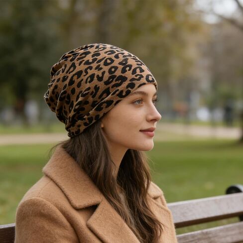 Womens Slouchy Beanie, Classic Leopard Print, Warm Slouchy Beanie Hat for Comfortable Fit and Stylish Daily Wear with Sweaters and Casual Outfits Brown in Saudi Arabia