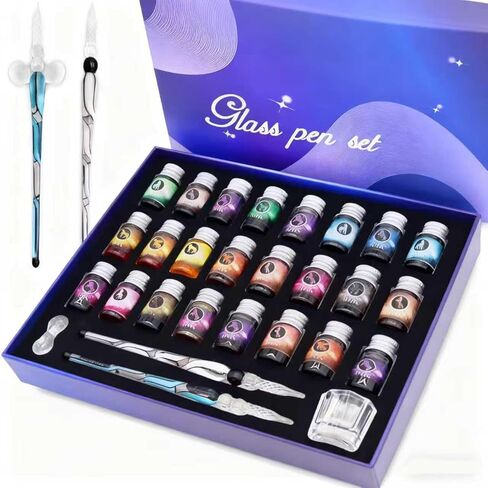 Glass Dipped Pen Ink Set Handmade Crystal Calligraphy Pen with 24Colorful India Ink for Art, Signatures, Drawing, Decoration, Caligraphy Kits for Beginners in Saudi Arabia