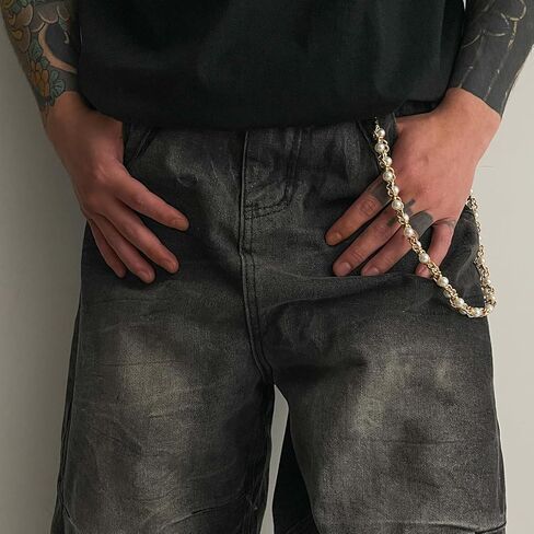 سلسلة مفاتيح لؤلؤية ملتفة - سلاسل مفاتيح محفظة هيب هوب جينز متدلية - سلسلة جسم الروك القوطي للرجال والنساء - إكسسوارات ملابس جريئة - بيان بانك جاهز للمسرح ذهبي in Kuwait