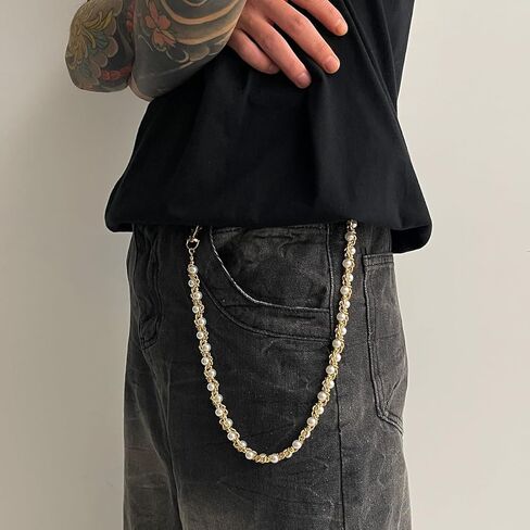 سلسلة مفاتيح لؤلؤية ملتفة - سلاسل مفاتيح محفظة هيب هوب جينز متدلية - سلسلة جسم الروك القوطي للرجال والنساء - إكسسوارات ملابس جريئة - بيان بانك جاهز للمسرح ذهبي in Kuwait