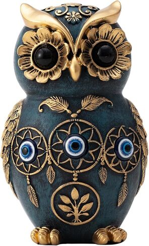 Black & Gold Owl Statue Home Decor - 4.8" Resin Evil Eye Protection Figurine for Shelf, Living Room & Office - Unique Wisdom Animal Sculpture - Meaningful Good Luck Gifts for Women, Mom & Owl Lovers in Kuwait