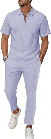 ملابس الشاطئ الصيفية للرجال من Bealin مكونة من قطعتين كاجوال بسحاب ربع وأكمام قصيرة وقميص مخطط عمودي ومجموعة سراويل فضفاضة in Kuwait